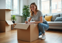 Estimer le nombre de cartons pour un déménagement : astuces pratiques et conseils Jeune femme écrivant sur une boîte de déménagement dans un appartement lumineux