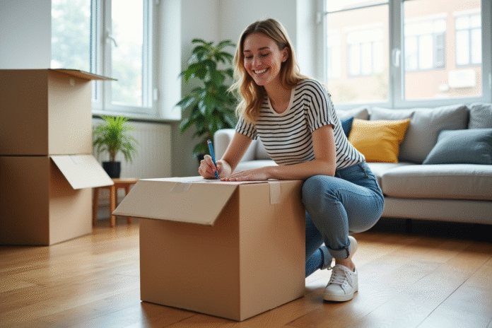 jeune-femme-emballage-mobilier Jeune femme écrivant sur une boîte de déménagement dans un appartement lumineux