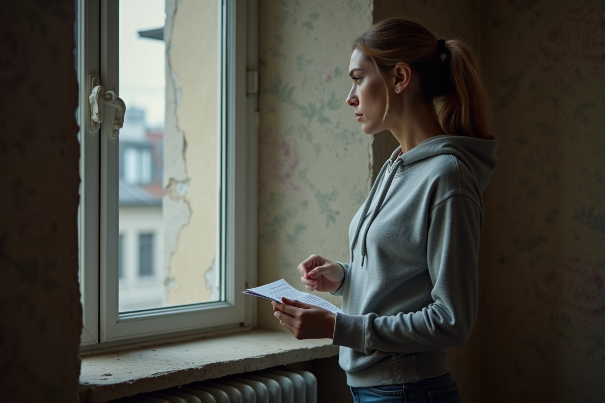 Jeune femme regardant pensivement un avis de loyer dans un appartement urbain