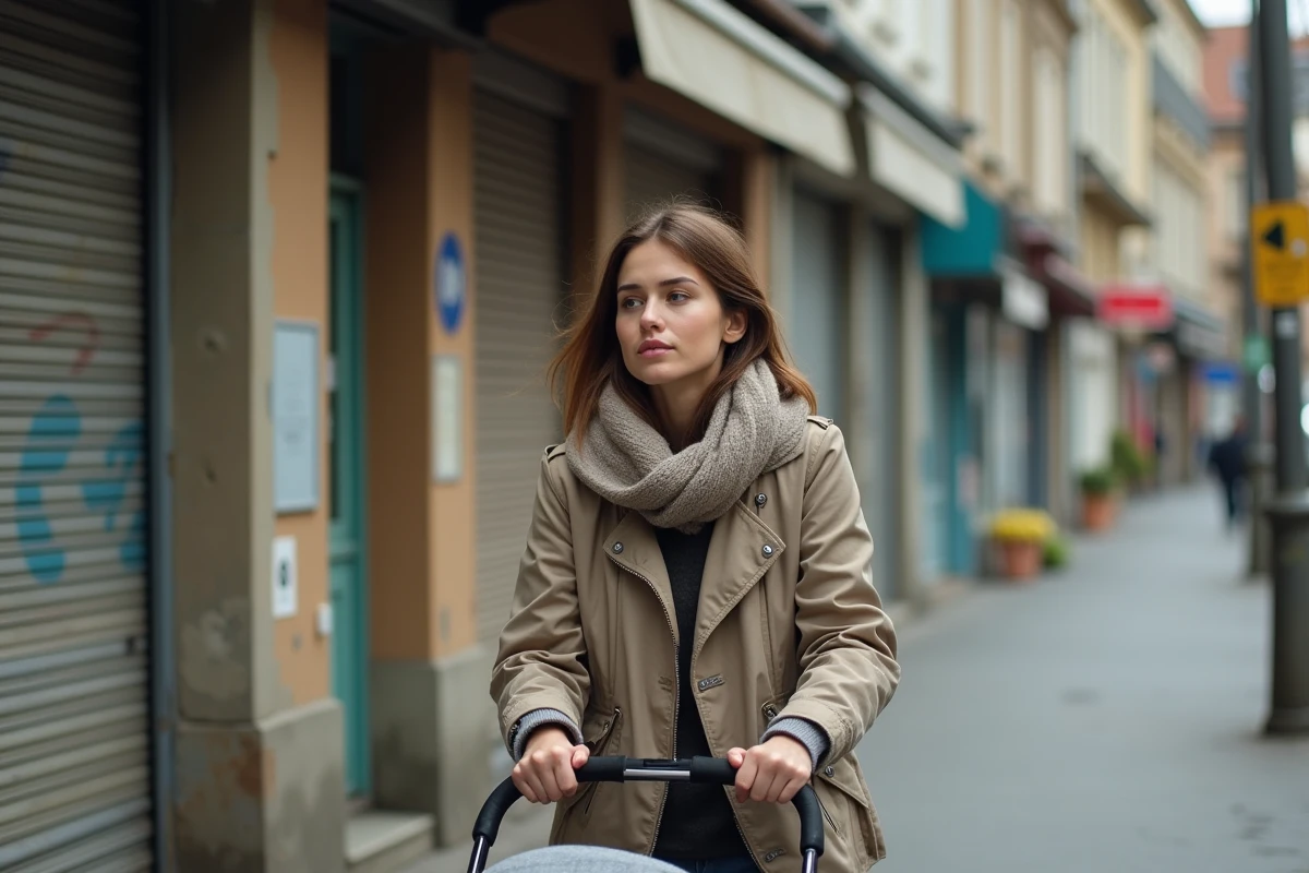 Jeune femme marchant avec une poussette dans Conflans