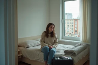 Jeune femme assise sur un lit dans une petite chambre urbaine