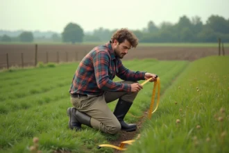 Jeune fermier mesurant un champ avec une règle dans un paysage rural