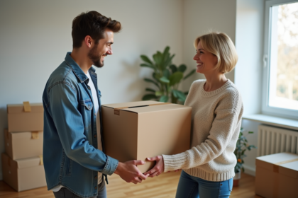 Jeune homme souriant aidant une femme à déménager dans un appartement lumineux