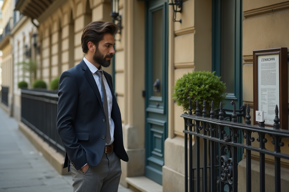 Jeune homme regardant un avis légal devant un immeuble parisien
