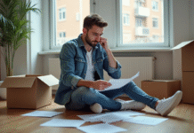 Jeune homme anxieux dans un appartement en déménagement