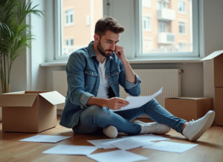 Jeune homme anxieux dans un appartement en déménagement