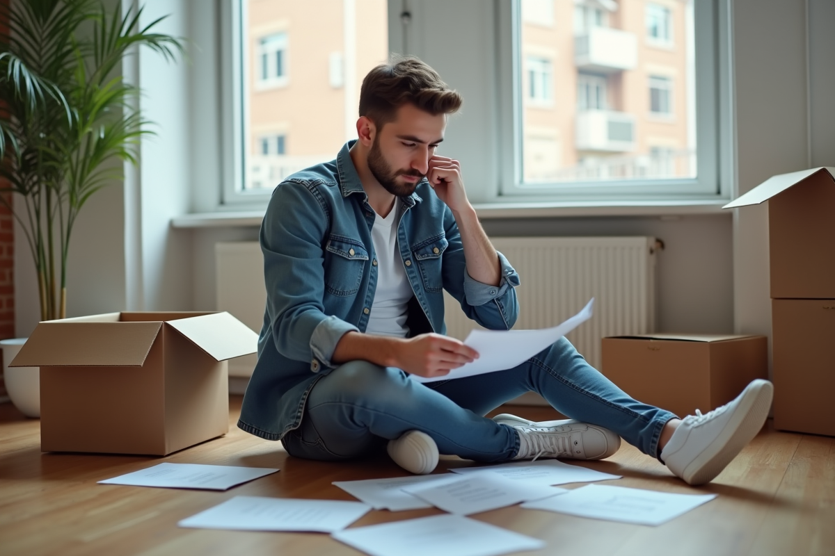 Jeune homme anxieux dans un appartement en déménagement