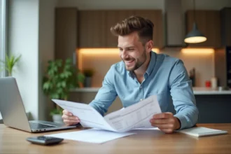 Jeune homme souriant lit des documents de location dans un appartement lumineux