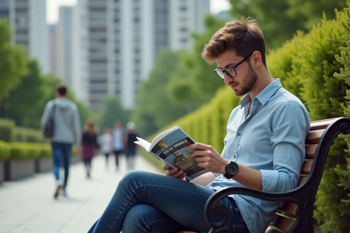 Jeune homme lisant un livret immobilier dans un parc urbain