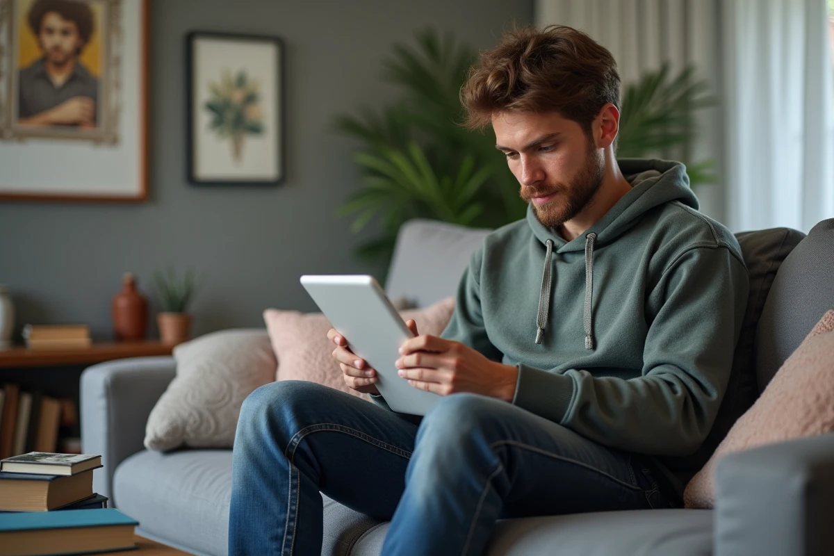 Jeune homme utilise une tablette pour simulation logement