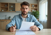 Caution locative : est-il légal d’exiger 2 mois de dépôt ? Jeune homme avec documents de location dans une cuisine moderne