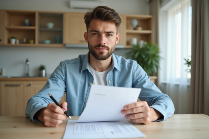 Jeune homme avec documents de location dans une cuisine moderne