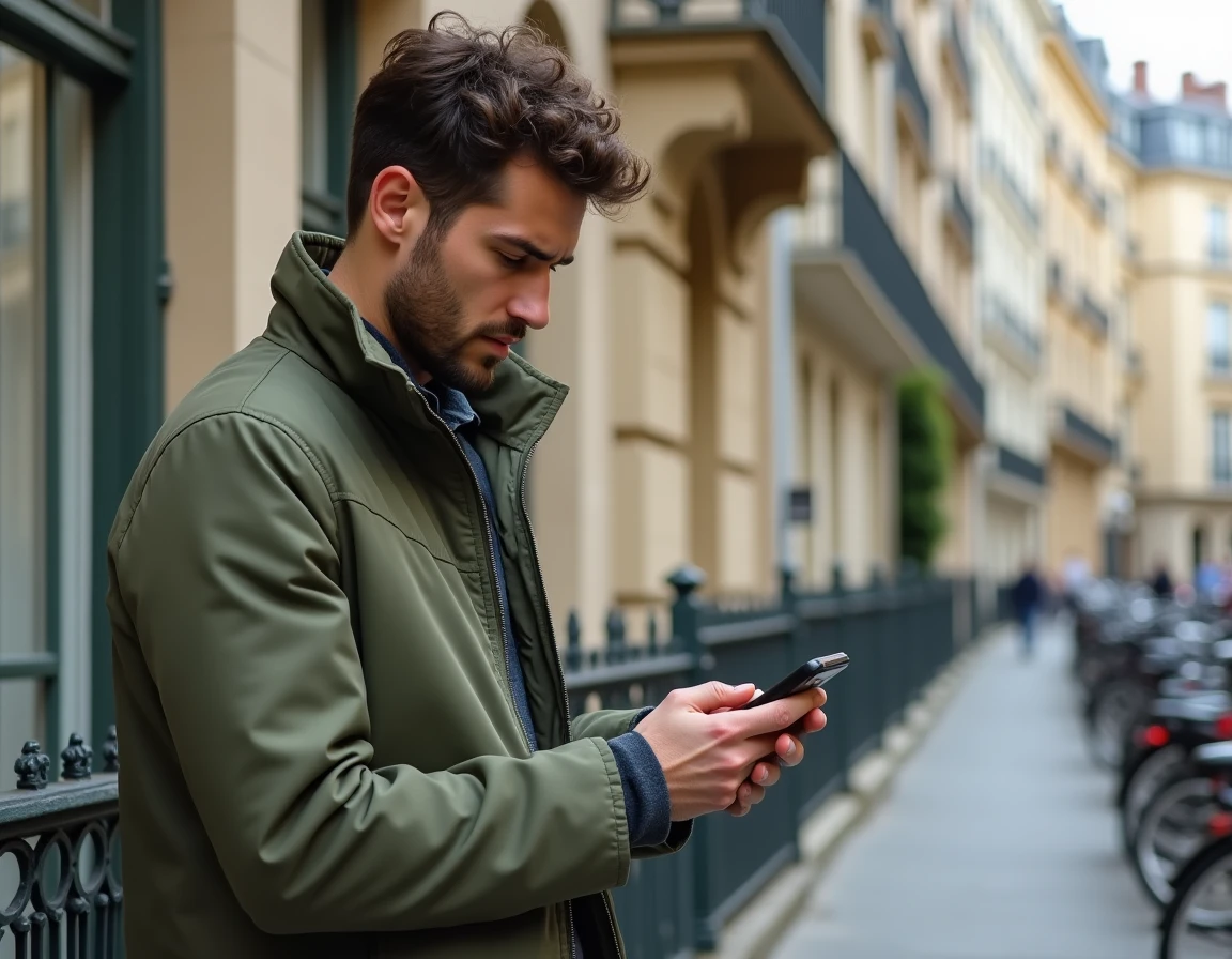 Jeune homme consultant une simulation 1 pour cent logement sur smartphone devant immeuble parisien