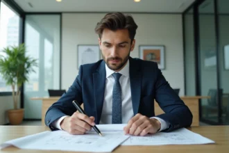 Jeune homme en costume examine plans immobiliers dans un bureau