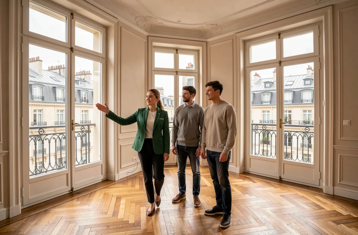 Agente Laforêt Immobilier faisant visiter un appartement haussmannien rénové à Lyon à un jeune couple