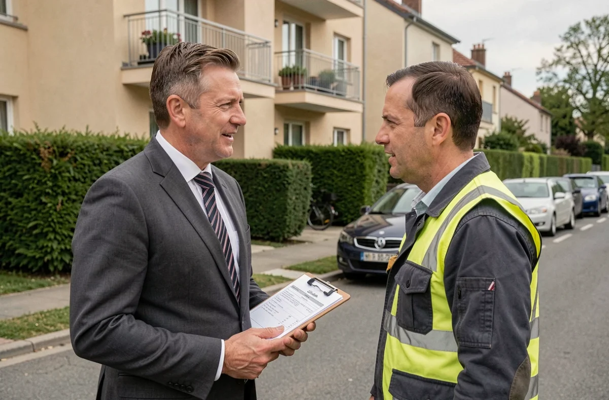 Un gestionnaire de Lamy Immobilier inspectant un immeuble résidentiel avec un entrepreneur en Charente-Maritime