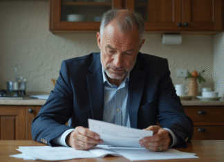 Homme d'âge moyen étudiant des avis de loyer impayés dans une cuisine