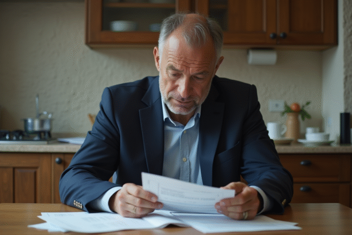locataire-contrepayes-rapport Homme d'âge moyen étudiant des avis de loyer impayés dans une cuisine
