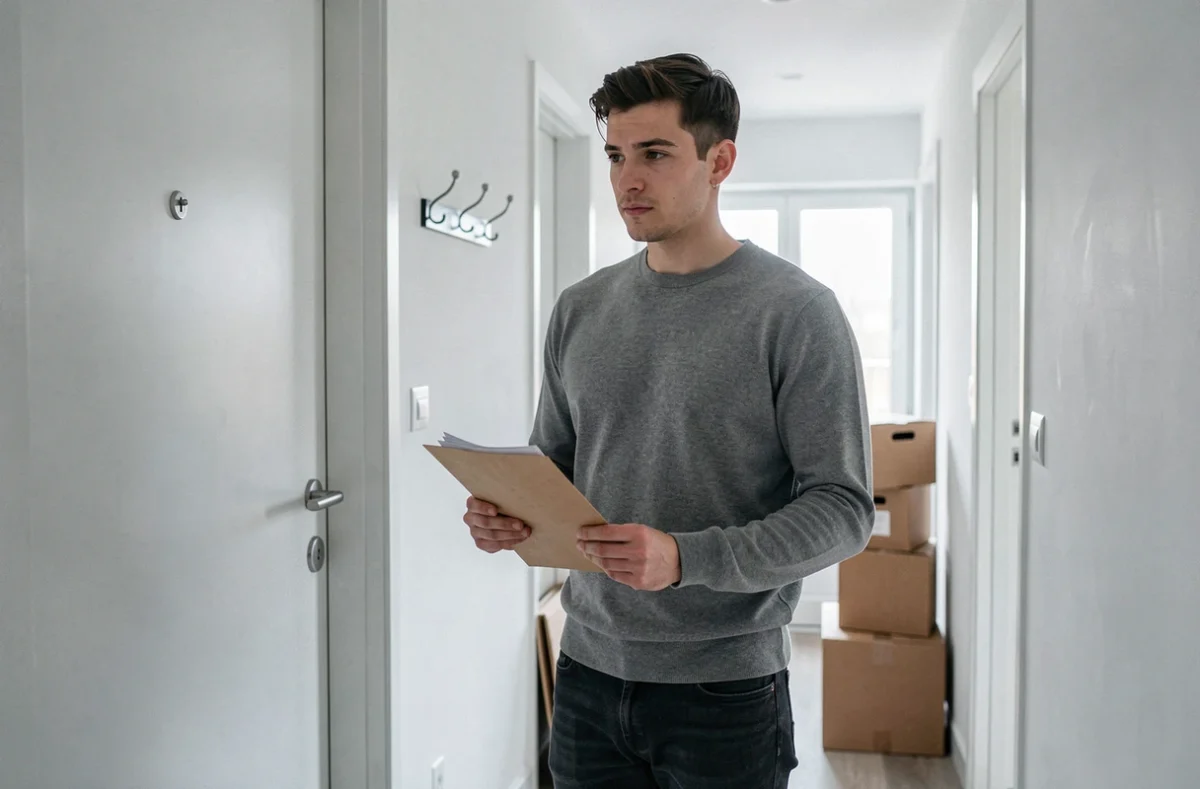 Jeune locataire tenant une enveloppe de documents relatifs au dépôt de garantie lors d'une entrée dans un appartement