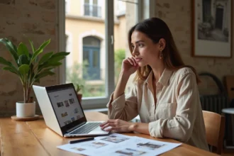 Femme consultant des annonces de location à Lyon dans un appartement moderne avec vue sur une cour lyonnaise