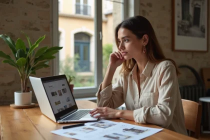 Femme consultant des annonces de location à Lyon dans un appartement moderne avec vue sur une cour lyonnaise