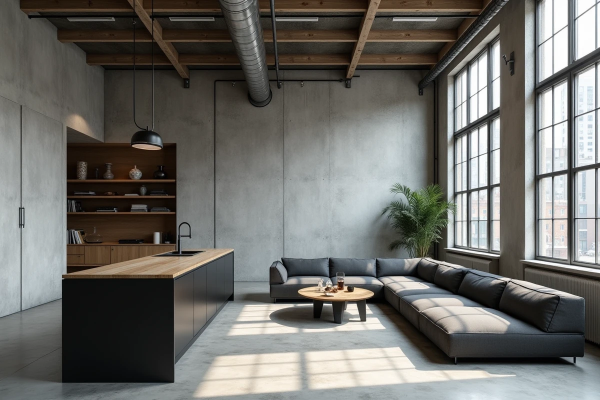 Loft moderne à plan ouvert avec murs en béton brut, poutrelles en acier et cuisine minimaliste, reflet d'un style urbain contemporain