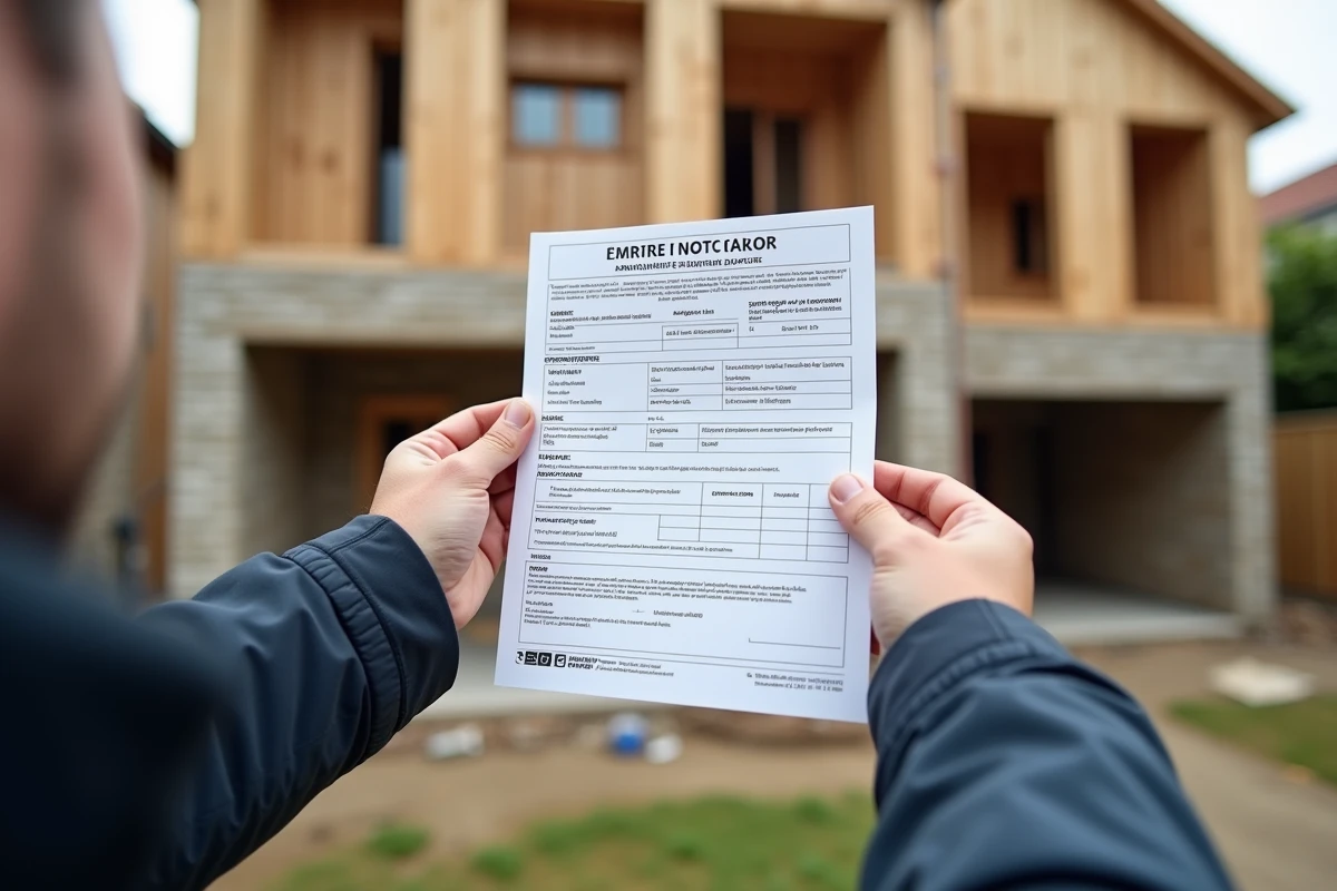Mains tenant un panneau de permis de construire imprimé et plastifié prêt à être posé en extérieur