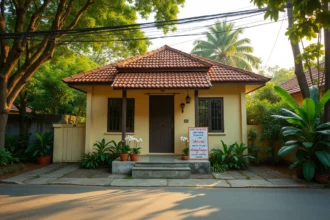 Maison thaïlandaise modeste à vendre dans un quartier résidentiel calme loin des zones touristiques, entourée d'arbres tropicaux avec une pancarte à vendre en thaï