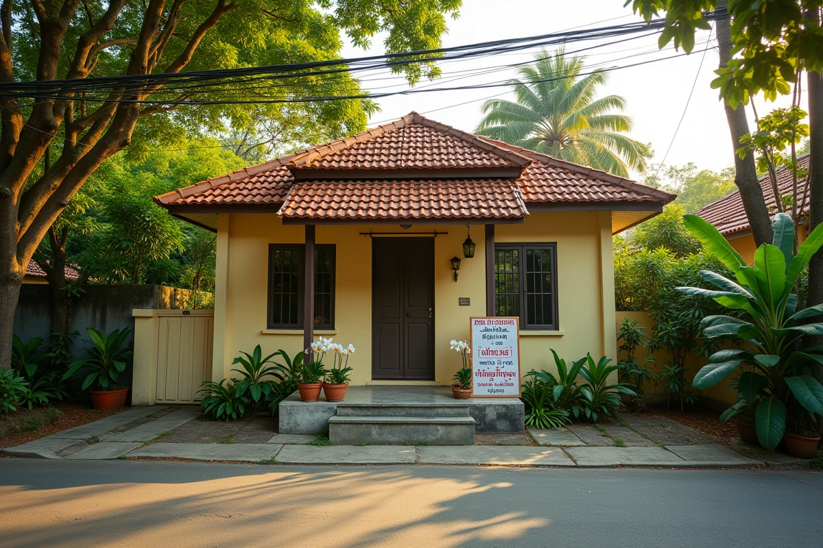 Maison thaïlandaise modeste à vendre dans un quartier résidentiel calme loin des zones touristiques, entourée d'arbres tropicaux avec une pancarte à vendre en thaï