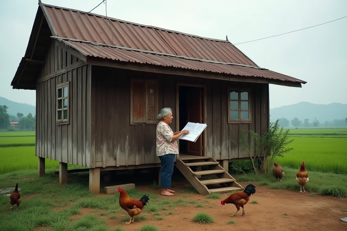 Maison en bois sur pilotis à vendre dans un village rural du nord de la Thaïlande, avec vue sur les rizières et une femme thaïlandaise consultant une annonce immobilière