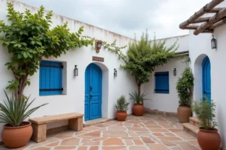 Petite maison avec jardin à louer à Essaouira, murs blanchis et volets bleus typiques, végétation côtière résistant au vent et à l'humidité