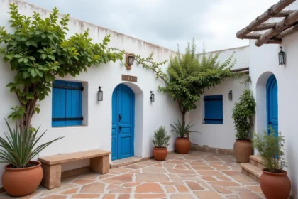 Petite maison avec jardin à louer à Essaouira, murs blanchis et volets bleus typiques, végétation côtière résistant au vent et à l'humidité