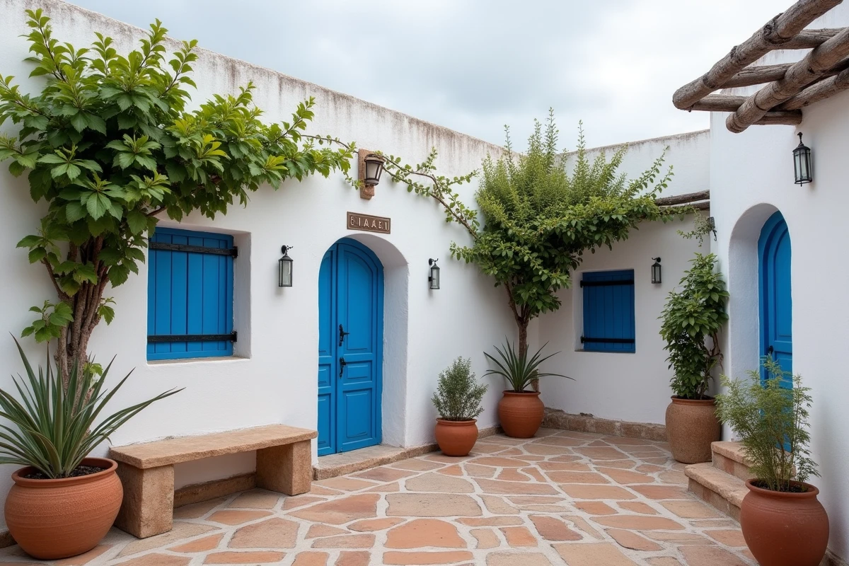 Petite maison avec jardin à louer à Essaouira, murs blanchis et volets bleus typiques, végétation côtière résistant au vent et à l'humidité