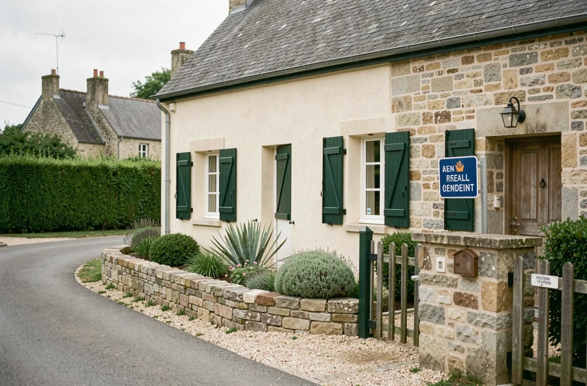 Façade d'une maison normande traditionnelle à louer dans l'Eure avec volets en bois et panneau de location visible