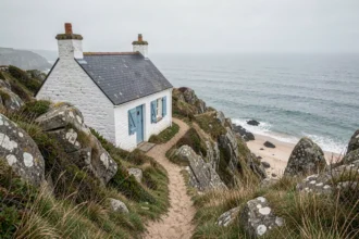Maison de pêcheur bretonne en pierre avec vue mer et accès direct à la plage via sentier côtier