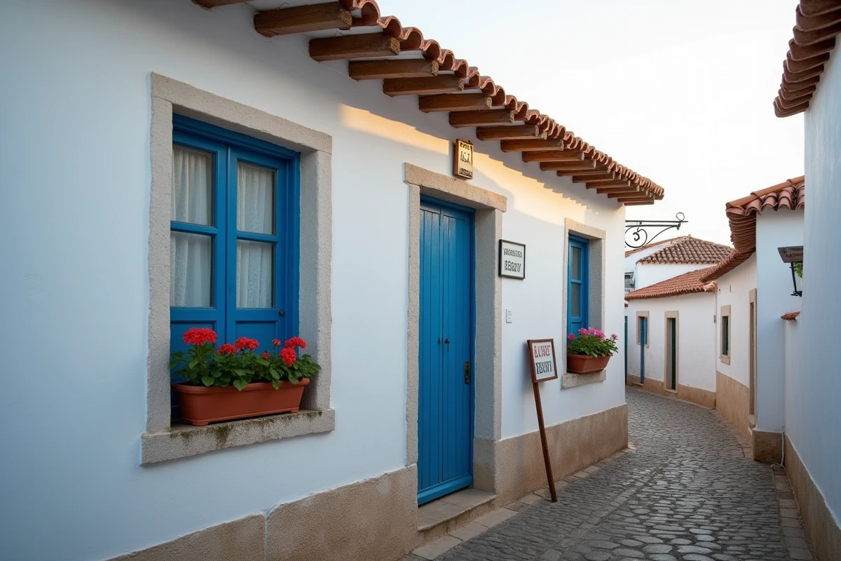 Petite maison de pêcheur à vendre au Portugal avec façade blanchie et volets bleus traditionnels dans un village côtier de l'Algarve