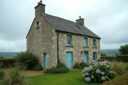Maison en pierre traditionnelle bretonne avec volets bleus et jardin fleuri d'hortensias, façade en granit naturel sous ciel nuageux