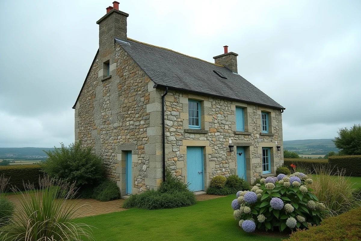 Maison en pierre traditionnelle bretonne avec volets bleus et jardin fleuri d'hortensias, façade en granit naturel sous ciel nuageux