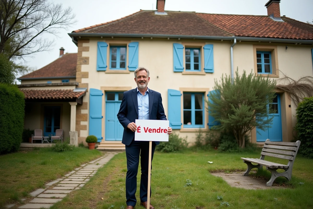 Maison en pierre à vendre près de Saint-Nazaire avec panneau À Vendre et agent immobilier dans le jardin