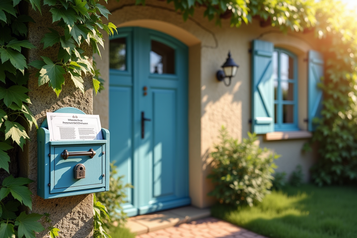 Maison française avec porte bleue et jardin verdoyant