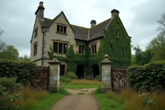 Façade d'un manoir abandonné en pierre avec jardin envahi par la végétation, reflet d'un investissement immobilier atypique