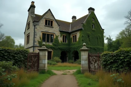 Façade d'un manoir abandonné en pierre avec jardin envahi par la végétation, reflet d'un investissement immobilier atypique