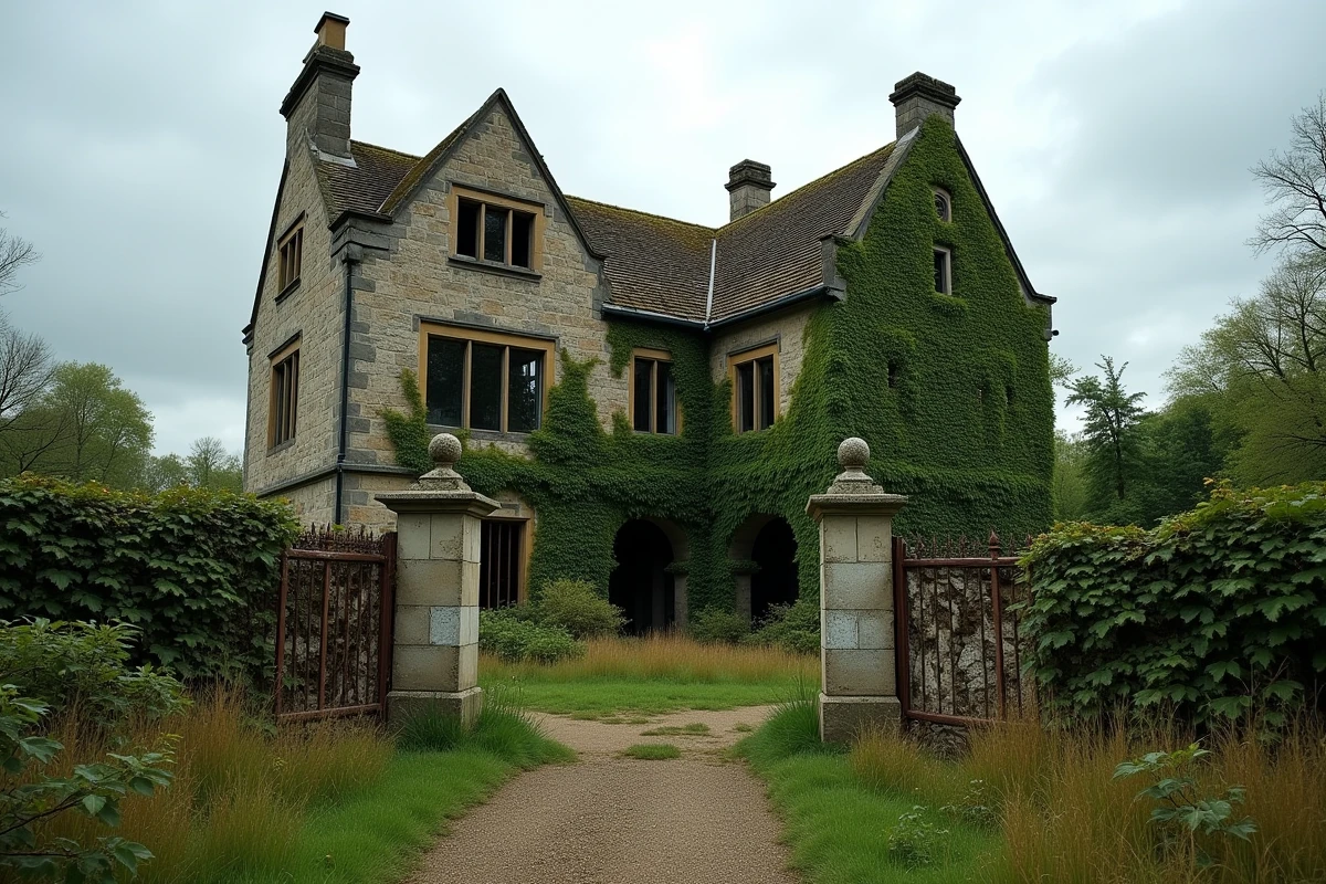 Façade d'un manoir abandonné en pierre avec jardin envahi par la végétation, reflet d'un investissement immobilier atypique
