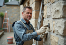 Maçon appliquant un enduit fin sur une façade de maison