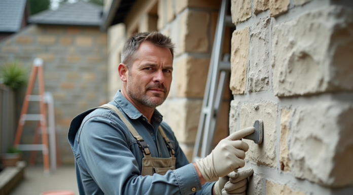 Maçon appliquant un enduit fin sur une façade de maison
