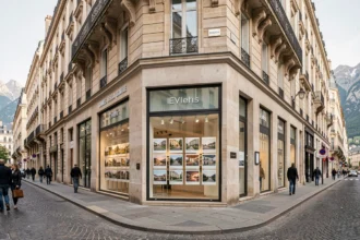 Vue d'une agence immobilière moderne à Lyon avec des vitrines affichant des annonces, dans une rue typique de la région Auvergne-Rhône-Alpes