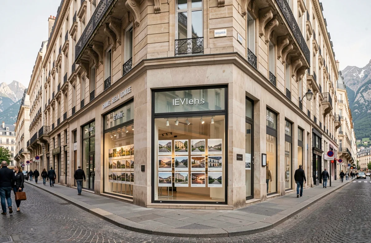 Vue d'une agence immobilière moderne à Lyon avec des vitrines affichant des annonces, dans une rue typique de la région Auvergne-Rhône-Alpes