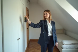 Femme mesurant la superficie d'une chambre avec un télémètre laser pour vérifier la conformité loi Carrez avant signature d'un compromis de vente