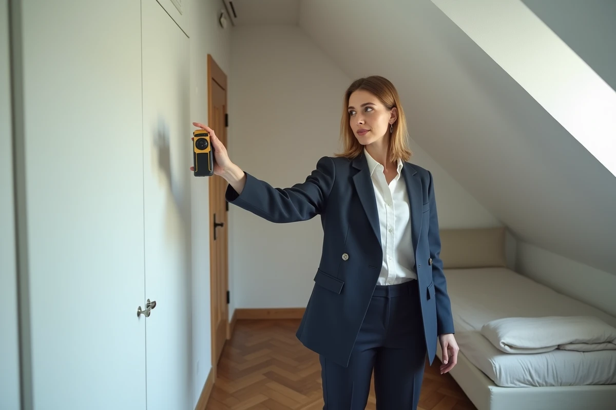 Femme mesurant la superficie d'une chambre avec un télémètre laser pour vérifier la conformité loi Carrez avant signature d'un compromis de vente
