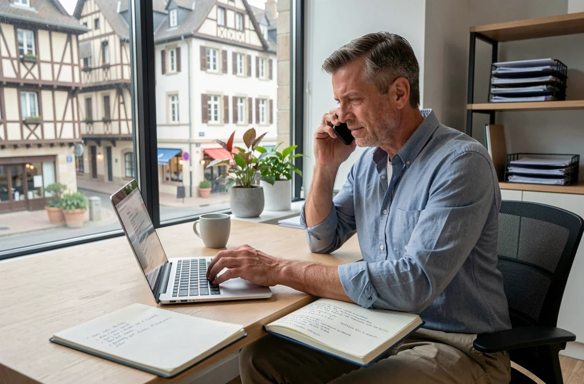 Chef d'entreprise mettant à jour les coordonnées professionnelles depuis son nouveau bureau à Dijon pour informer ses clients du changement d'adresse